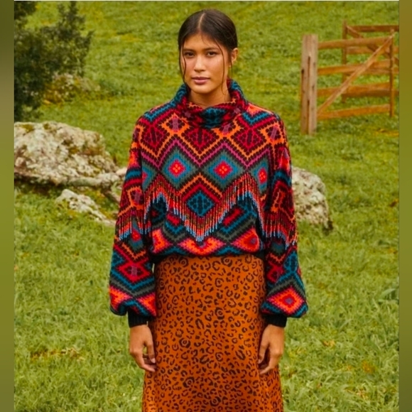 FARM Rio Sweaters - Farm Rio Rauti Beaded Fringe Tassel High Neck Sweater